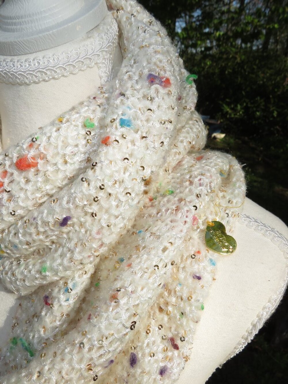 Betsey Johnson Chunky Knit Infinity Scarf White Confetti Sequin Loop 60"